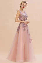 Sleeveless Aline Dusty Pink Long Evening Dress Tulle Lace Appliques Party Dress by misshow.com