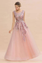 Sleeveless Aline Dusty Pink Long Evening Dress Tulle Lace Appliques Party Dress by misshow.com