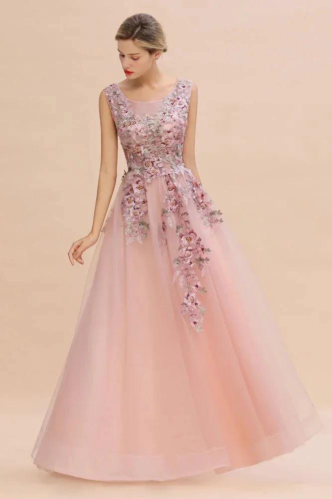 Sleeveless Aline Dusty Pink Long Evening Dress Tulle Lace Appliques Party Dress by misshow.com