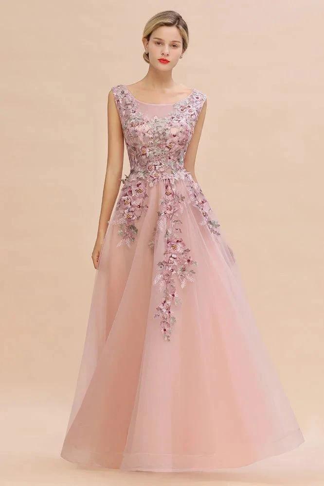Sleeveless Aline Dusty Pink Long Evening Dress Tulle Lace Appliques Party Dress by misshow.com