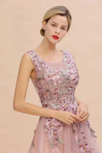 Sleeveless Aline Dusty Pink Long Evening Dress Tulle Lace Appliques Party Dress by misshow.com