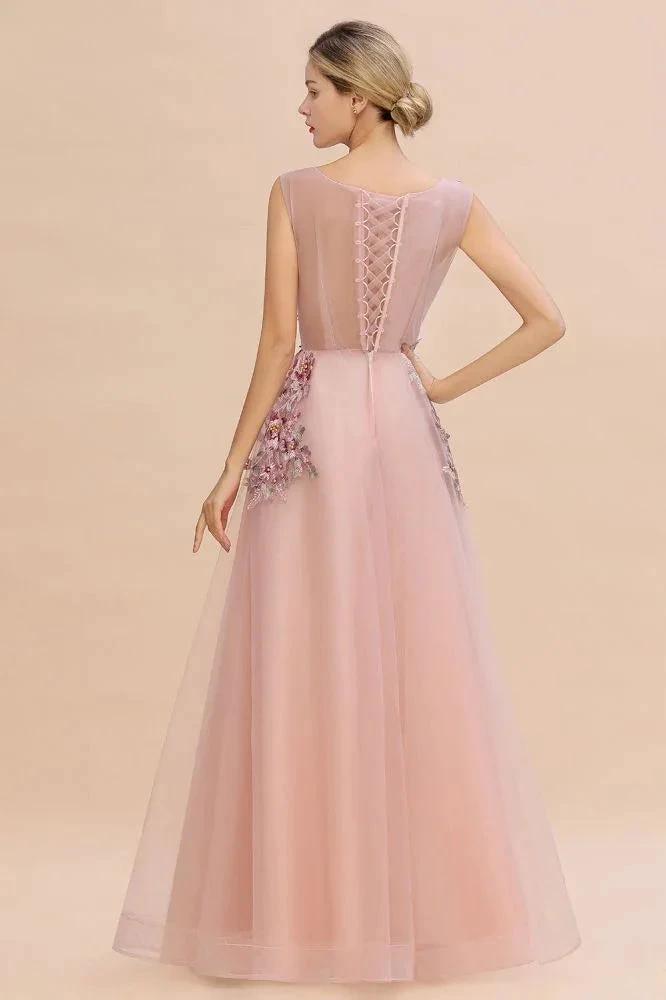 Sleeveless Aline Dusty Pink Long Evening Dress Tulle Lace Appliques Party Dress by misshow.com
