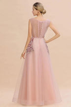 Sleeveless Aline Dusty Pink Long Evening Dress Tulle Lace Appliques Party Dress by misshow.com