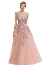 Sleeveless Aline Dusty Pink Long Evening Dress Tulle Lace Appliques Party Dress by misshow.com