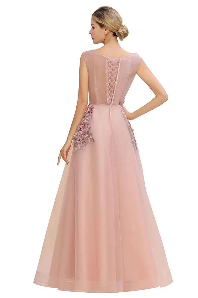 Sleeveless Aline Dusty Pink Long Evening Dress Tulle Lace Appliques Party Dress by misshow.com