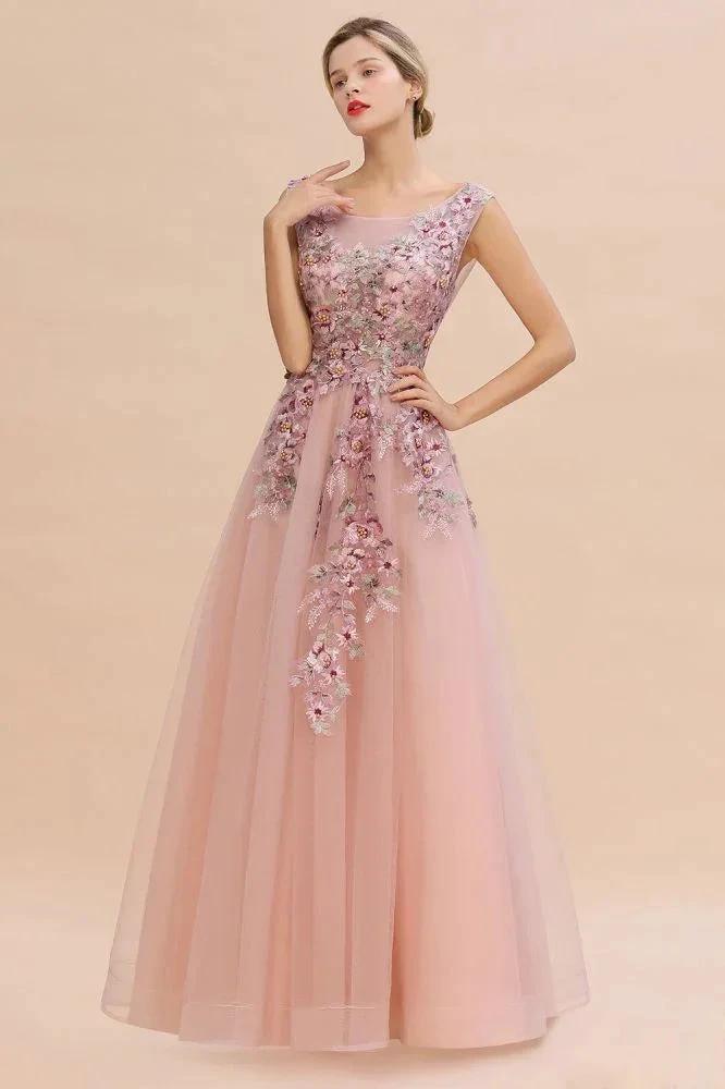 Sleeveless Aline Dusty Pink Long Evening Dress Tulle Lace Appliques Party Dress by misshow.com