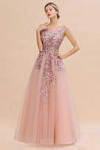 Sleeveless Aline Dusty Pink Long Evening Dress Tulle Lace Appliques Party Dress by misshow.com