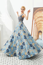 Sleeveless Aline Evening Dress V-Neck Flower Floor Length Prom Dress by misshow.com