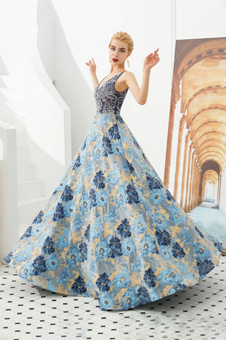 Ärmelloses Aline-Abendkleid mit V-Ausschnitt und Blumenmuster, bodenlanges Ballkleid