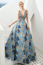Sleeveless Aline Evening Dress V-Neck Flower Floor Length Prom Dress by misshow.com