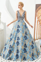 Sleeveless Aline Evening Dress V-Neck Flower Floor Length Prom Dress by misshow.com