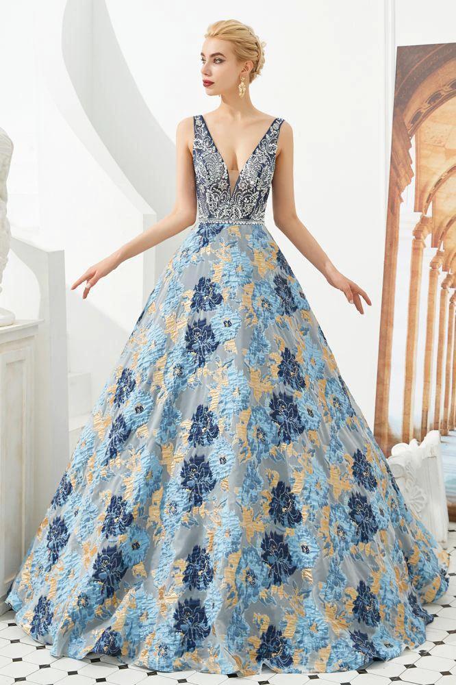 Sleeveless Aline Evening Dress V-Neck Flower Floor Length Prom Dress by misshow.com