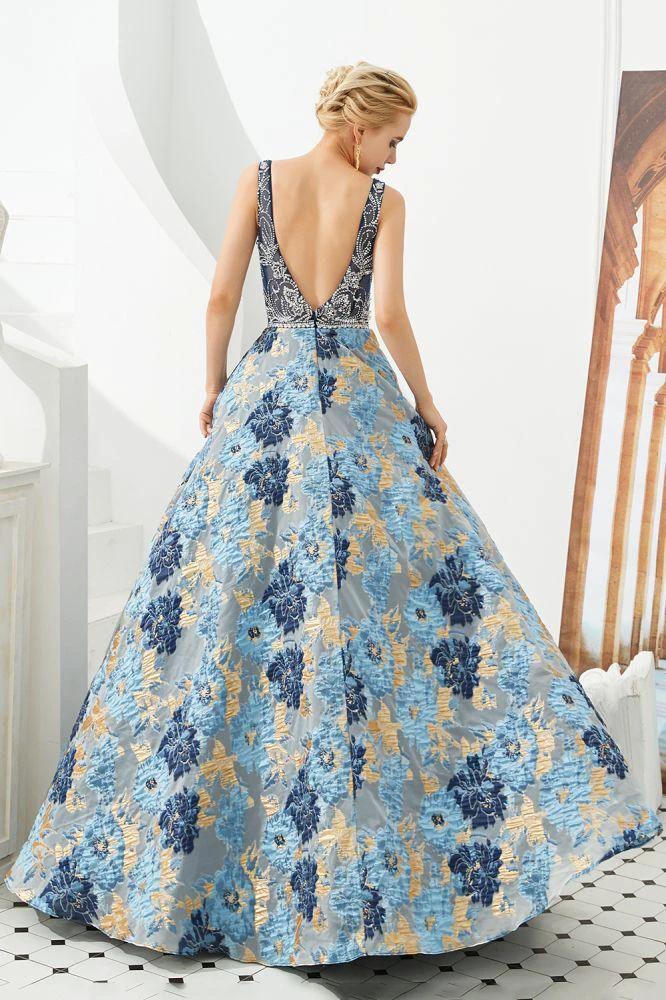 Sleeveless Aline Evening Dress V-Neck Flower Floor Length Prom Dress by misshow.com