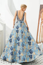 Sleeveless Aline Evening Dress V-Neck Flower Floor Length Prom Dress by misshow.com