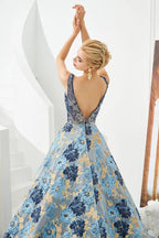 Sleeveless Aline Evening Dress V-Neck Flower Floor Length Prom Dress by misshow.com