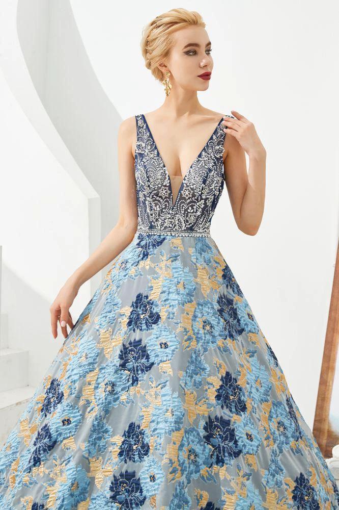 Sleeveless Aline Evening Dress V-Neck Flower Floor Length Prom Dress by misshow.com