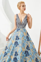 Sleeveless Aline Evening Dress V-Neck Flower Floor Length Prom Dress by misshow.com