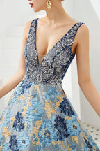 Sleeveless Aline Evening Dress V-Neck Flower Floor Length Prom Dress by misshow.com