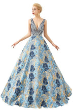 Sleeveless Aline Evening Dress V-Neck Flower Floor Length Prom Dress by misshow.com