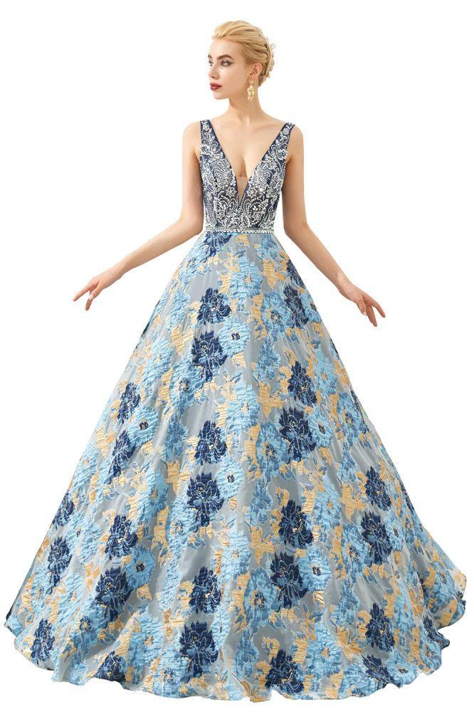 Sleeveless Aline Evening Dress V-Neck Flower Floor Length Prom Dress by misshow.com