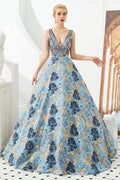 Sleeveless Aline Evening Dress V-Neck Flower Floor Length Prom Dress by misshow.com