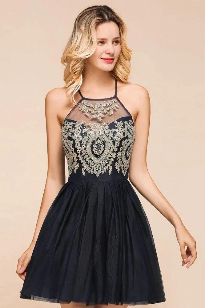 Sleeveless Appliques Tulle Homecoming Dress Mini Prom Dress by misshow.com