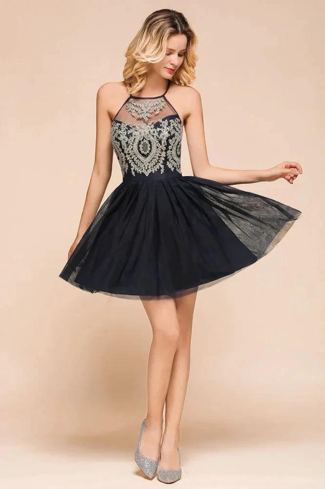 Sleeveless Appliques Tulle Homecoming Dress Mini Prom Dress by misshow.com