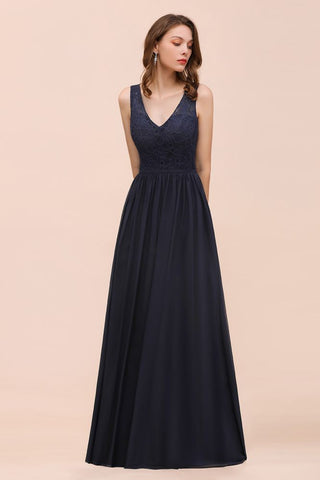 Vestido largo de noche negro sin mangas de gasa con corte en A para dama de honor, vestido formal