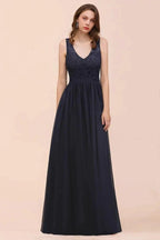 Sleeveless Black A-line Evening Maxi Dress Chiffon Bridesmaid Dress Formal Dress by misshow.com
