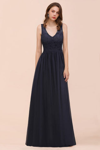 Vestido largo de noche negro sin mangas de gasa con corte en A para dama de honor, vestido formal