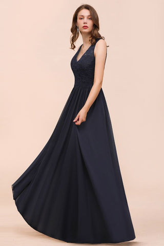 Vestido largo de noche negro sin mangas de gasa con corte en A para dama de honor, vestido formal