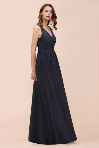 Vestido largo de noche negro sin mangas de gasa con corte en A para dama de honor, vestido formal
