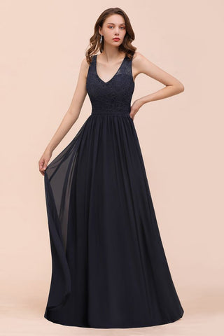 Vestido largo de noche negro sin mangas de gasa con corte en A para dama de honor, vestido formal