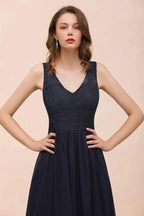 Sleeveless Black A-line Evening Maxi Dress Chiffon Bridesmaid Dress Formal Dress by misshow.com