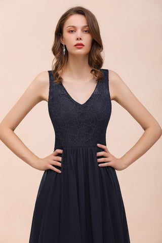 Vestido largo de noche negro sin mangas de gasa con corte en A para dama de honor, vestido formal