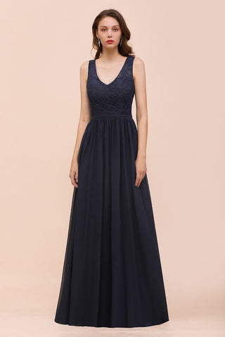 Vestido largo de noche negro sin mangas de gasa con corte en A para dama de honor, vestido formal