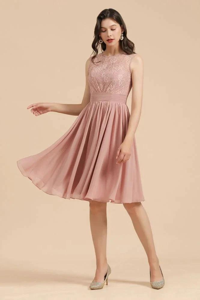 Sleeveless Crew neck Lace Chiffon Party Dress Mini Bridesmaid Dress by misshow.com