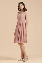 Sleeveless Crew neck Lace Chiffon Party Dress Mini Bridesmaid Dress