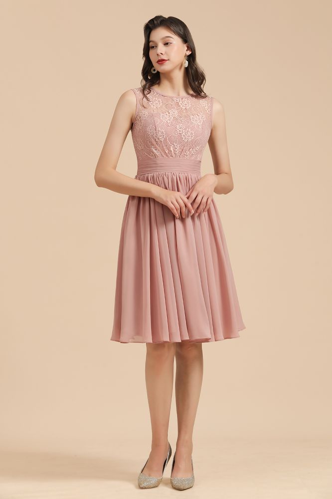 Sleeveless Crew neck Lace Chiffon Party Dress Mini Bridesmaid Dress