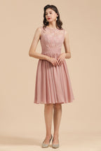 Sleeveless Crew neck Lace Chiffon Party Dress Mini Bridesmaid Dress