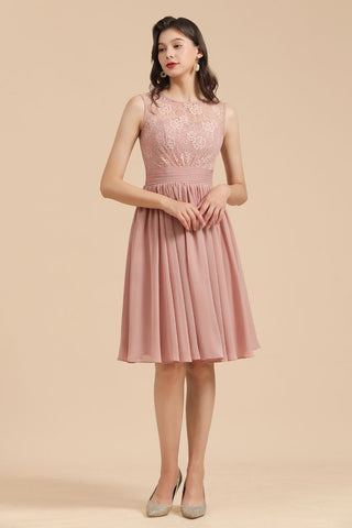 Vestido de fiesta de gasa con cuello redondo y encaje sin mangas, minivestido de dama de honor