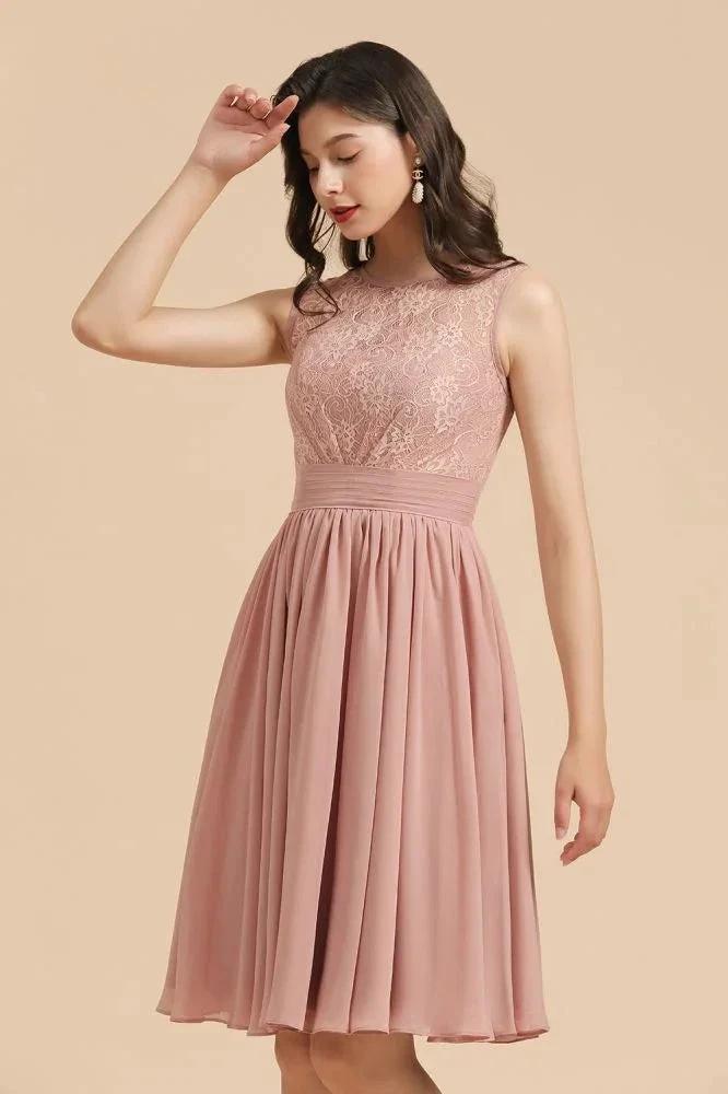 Sleeveless Crew neck Lace Chiffon Party Dress Mini Bridesmaid Dress by misshow.com