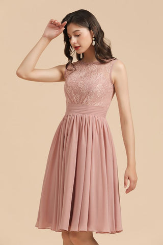 Vestido de fiesta de gasa con cuello redondo y encaje sin mangas, minivestido de dama de honor