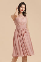 Sleeveless Crew neck Lace Chiffon Party Dress Mini Bridesmaid Dress