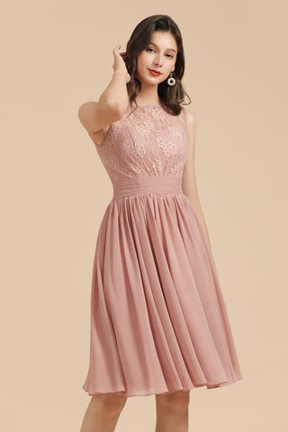 Vestido de fiesta de gasa con cuello redondo y encaje sin mangas, minivestido de dama de honor
