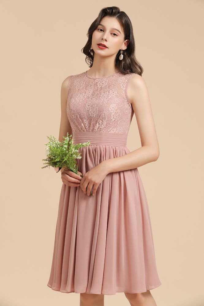 Sleeveless Crew neck Lace Chiffon Party Dress Mini Bridesmaid Dress