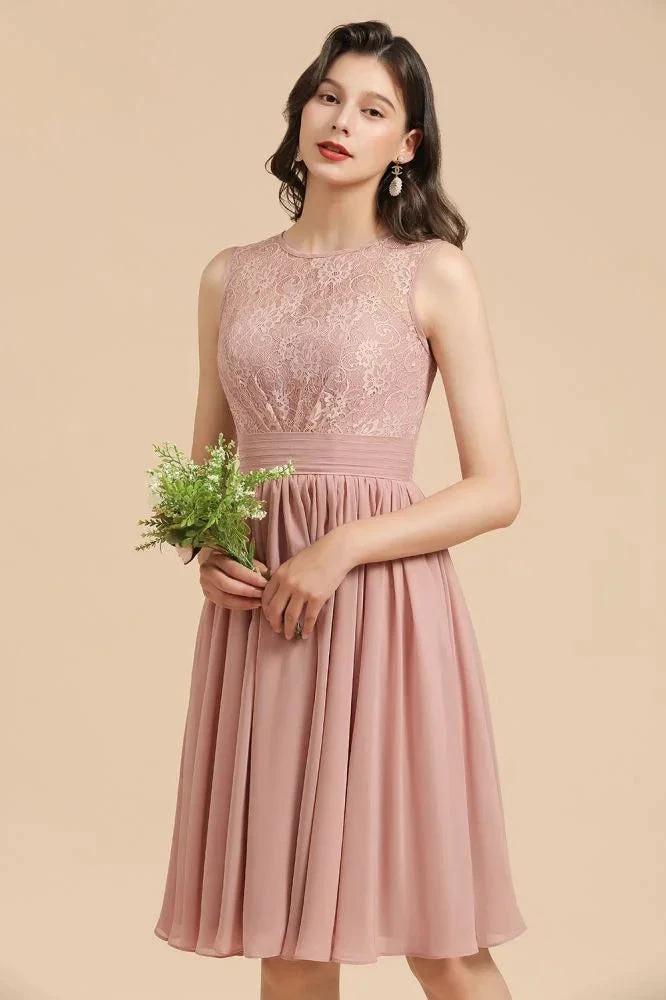 Sleeveless Crew neck Lace Chiffon Party Dress Mini Bridesmaid Dress by misshow.com