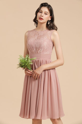 Vestido de fiesta de gasa con cuello redondo y encaje sin mangas, minivestido de dama de honor