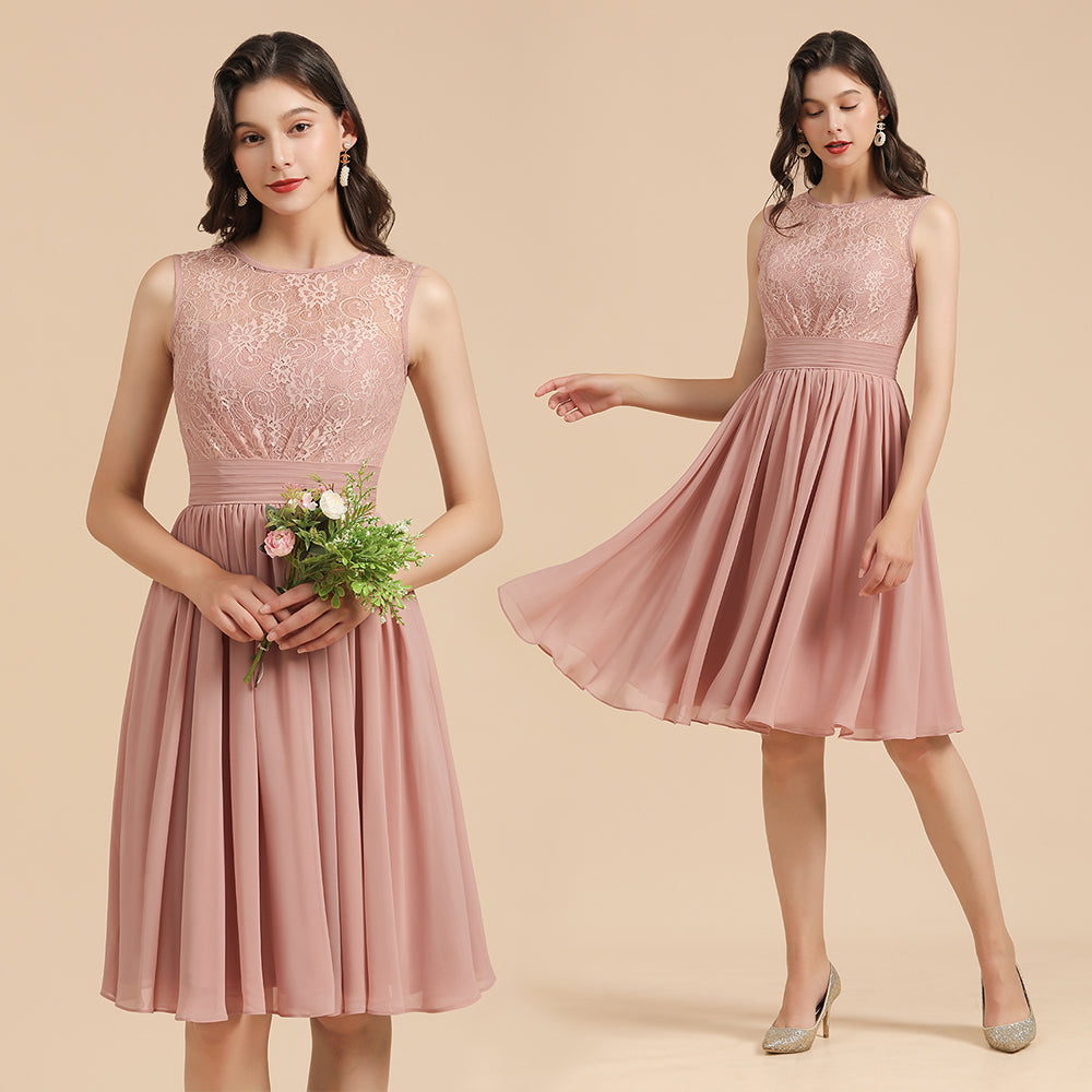 Sleeveless Crew neck Lace Chiffon Party Dress Mini Bridesmaid Dress