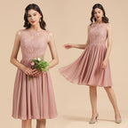 Sleeveless Crew neck Lace Chiffon Party Dress Mini Bridesmaid Dress